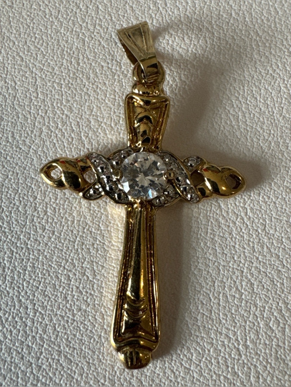 Vintage ornate Lind Gold electroplated Cross Pendant with CZ